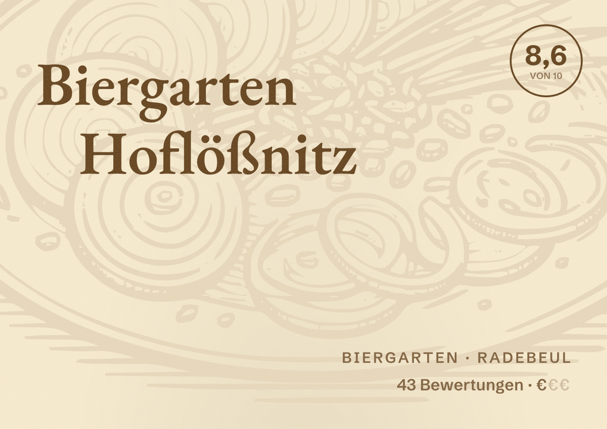 Illustriertes Poster von Biergarten Hoflößnitz, Biergarten in Radebeul: Bewertung 8,6 von 10 aus 43 Bewertungen, Preisniveau €