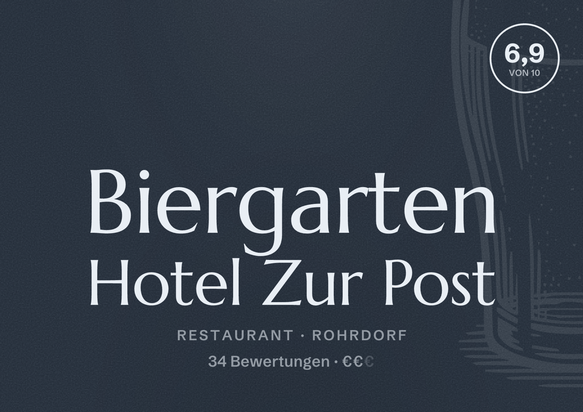Illustriertes Poster von Biergarten Hotel Zur Post, Restaurant in Rohrdorf: Bewertung 6,9 von 10 aus 34 Bewertungen, Preisniveau €€