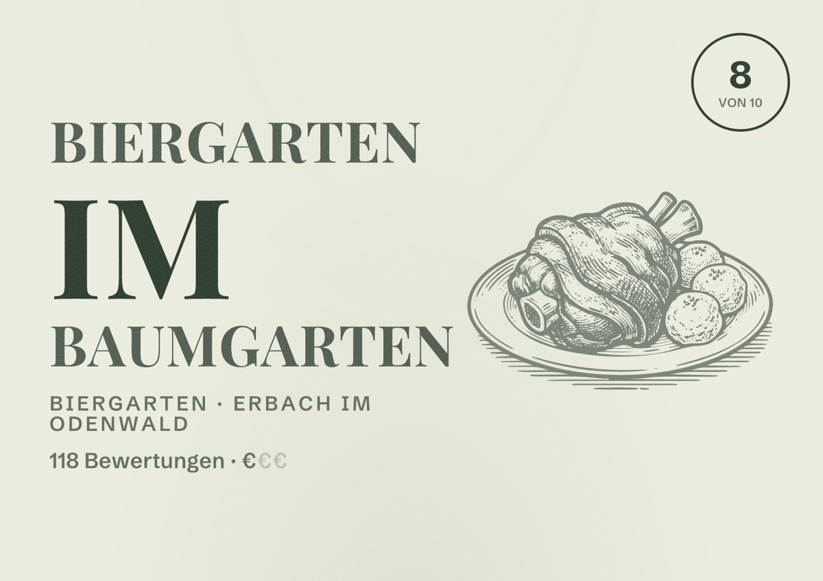 Illustriertes Poster von Biergarten im Baumgarten, Biergarten in Erbach im Odenwald: Bewertung 8 von 10 aus 118 Bewertungen, Preisniveau €