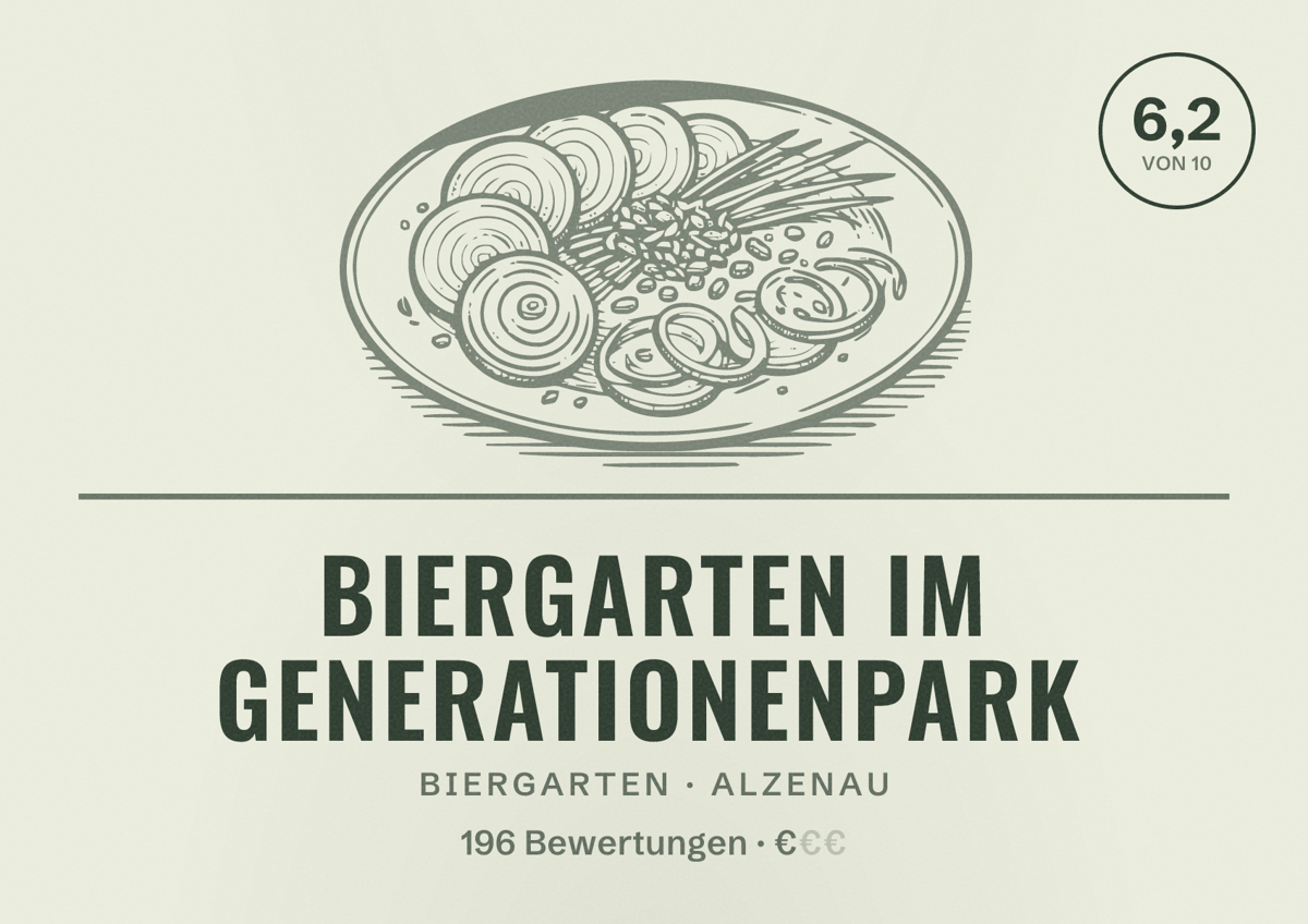 Illustriertes Poster von Biergarten im Generationenpark, Biergarten in Alzenau: Bewertung 6,2 von 10 aus 196 Bewertungen, Preisniveau €