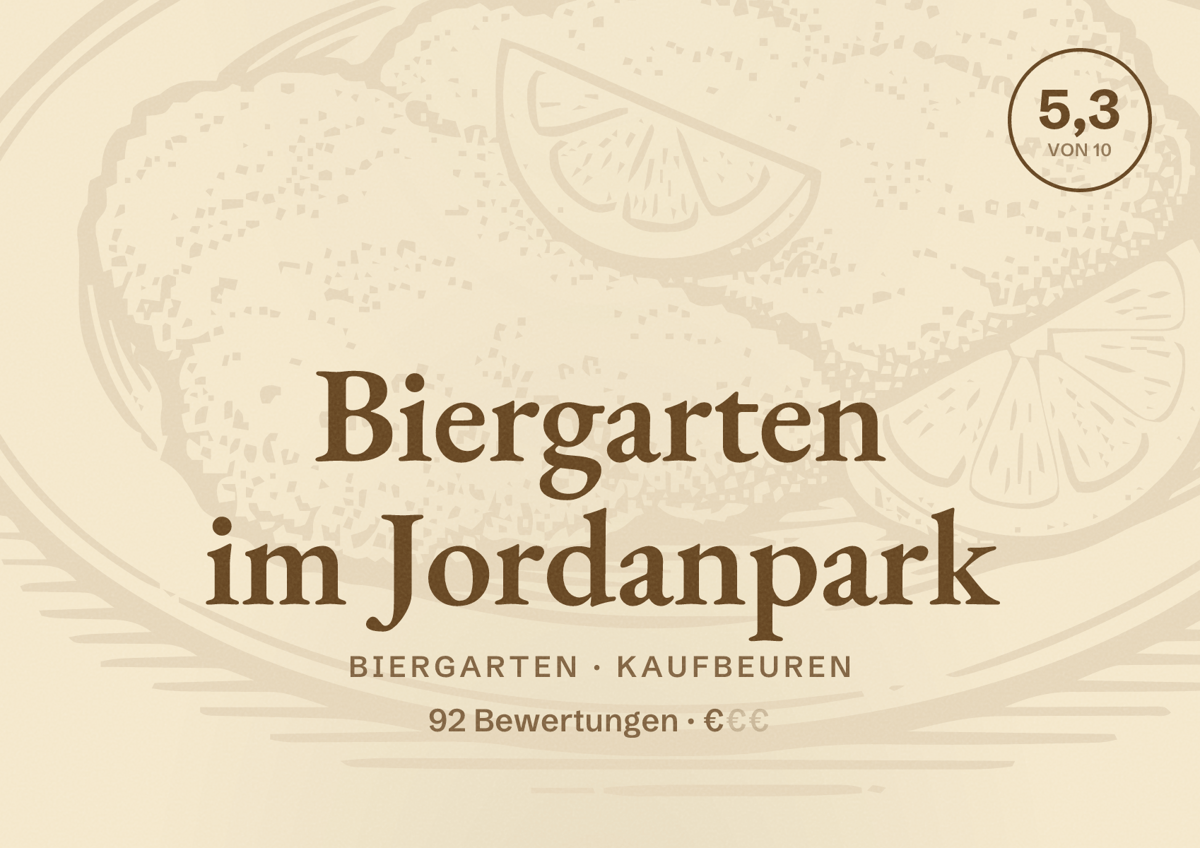 Illustriertes Poster von Biergarten im Jordanpark, Biergarten in Kaufbeuren: Bewertung 5,3 von 10 aus 92 Bewertungen, Preisniveau €