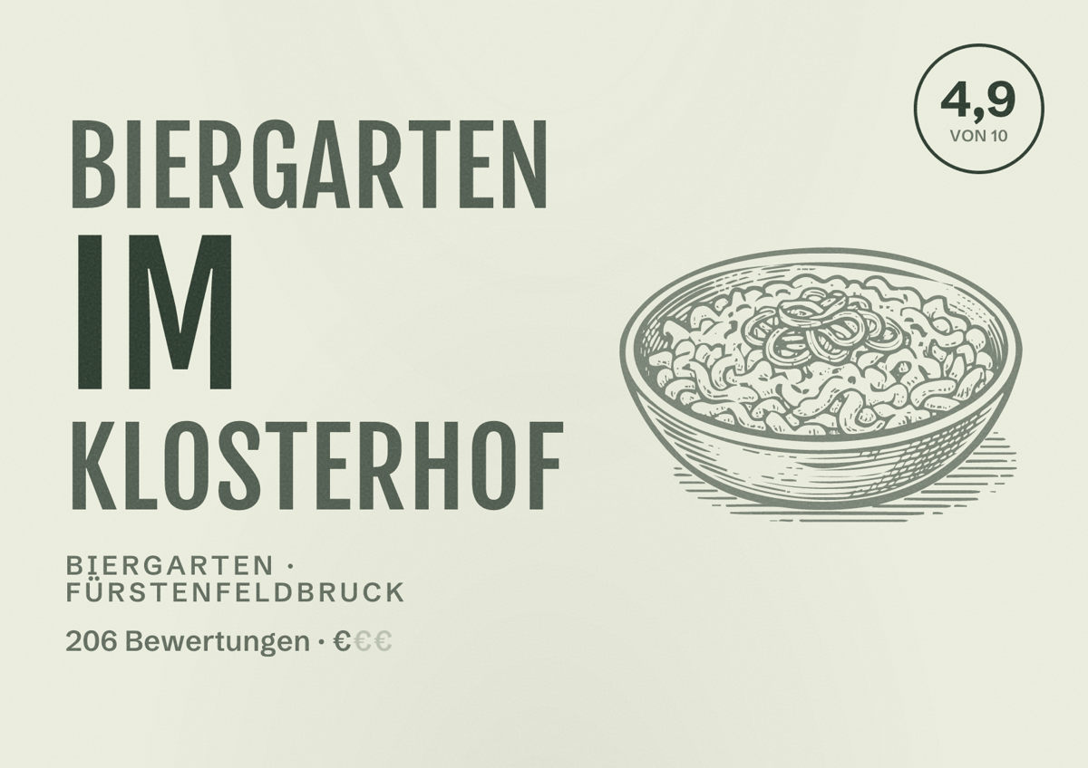 Illustriertes Poster von Biergarten Im Klosterhof, Biergarten in Fürstenfeldbruck: Bewertung 4,9 von 10 aus 206 Bewertungen, Preisniveau €