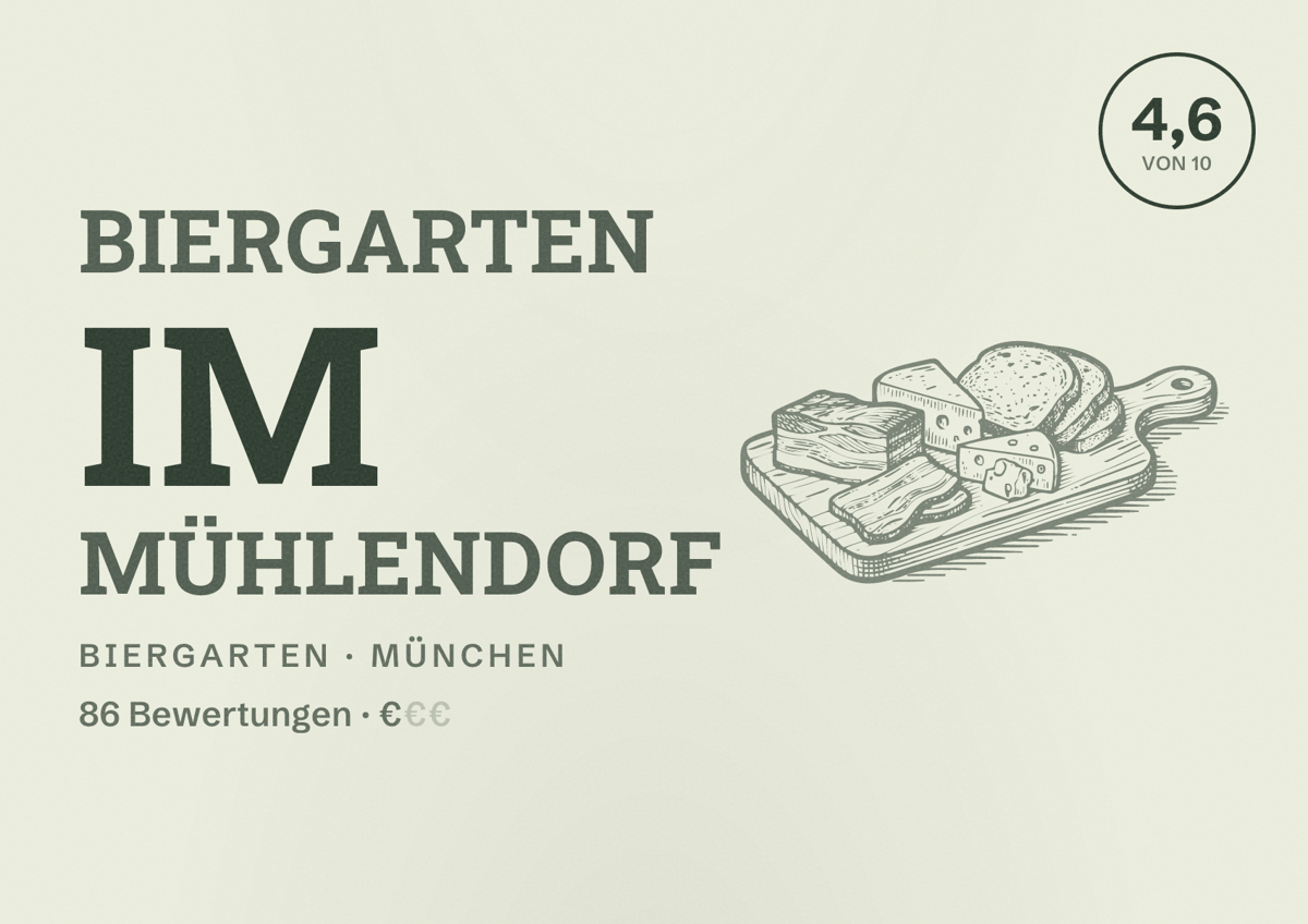 Illustriertes Poster von Biergarten im Mühlendorf, Biergarten in München: Bewertung 4,6 von 10 aus 86 Bewertungen, Preisniveau €