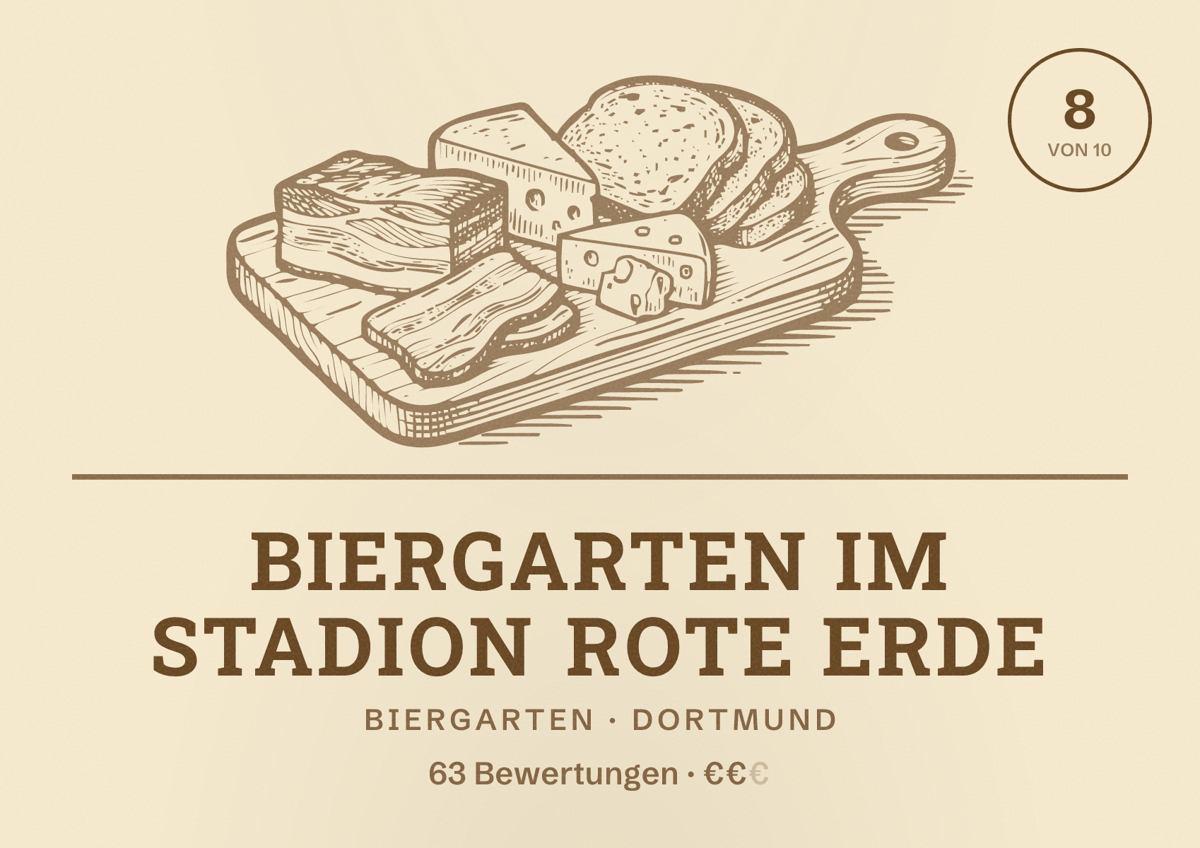 Illustriertes Poster von Biergarten im Stadion Rote Erde, Biergarten in Dortmund: Bewertung 8 von 10 aus 63 Bewertungen, Preisniveau €€