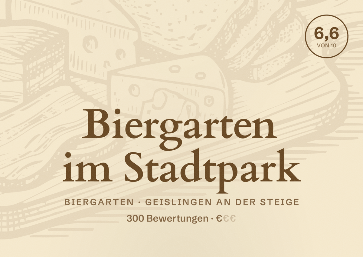 Illustriertes Poster von Biergarten im Stadtpark, Biergarten in Geislingen an der Steige: Bewertung 6,6 von 10 aus 300 Bewertungen, Preisniveau €