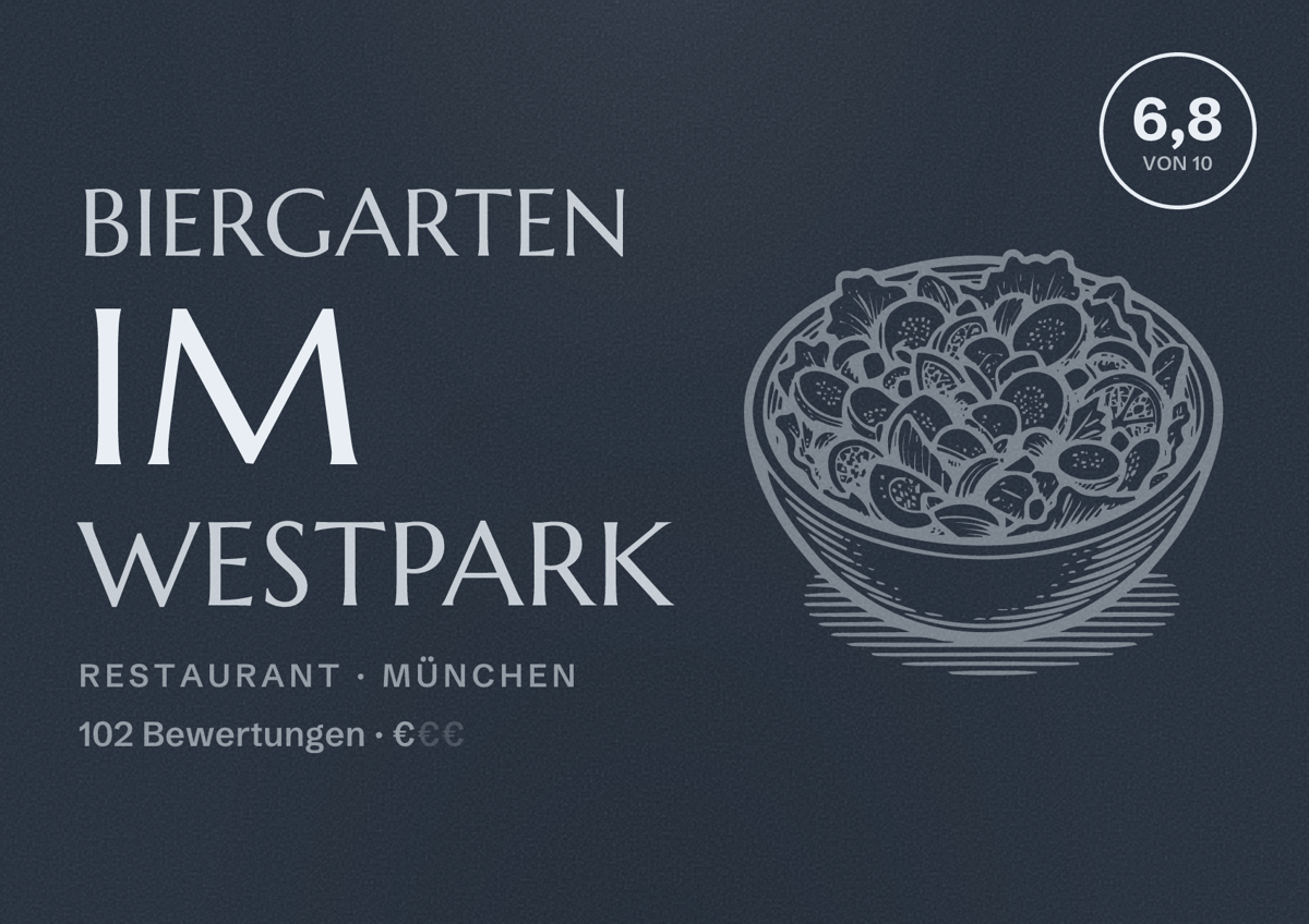 Illustriertes Poster von Biergarten im Westpark, Restaurant in München: Bewertung 6,8 von 10 aus 102 Bewertungen, Preisniveau €