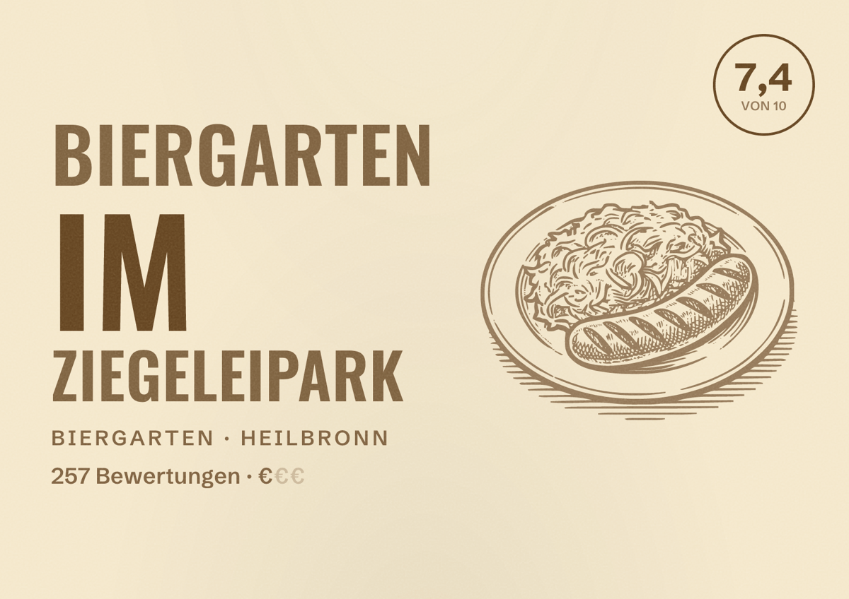 Illustriertes Poster von Biergarten im Ziegeleipark, Biergarten in Heilbronn: Bewertung 7,4 von 10 aus 257 Bewertungen, Preisniveau €