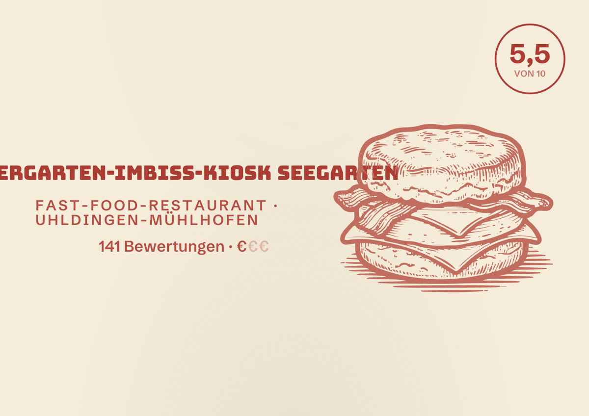 Illustriertes Poster von Biergarten-Imbiss-Kiosk Seegarten, Fast-Food-Restaurant in Uhldingen-Mühlhofen: Bewertung 5,5 von 10 aus 141 Bewertungen, Preisniveau €