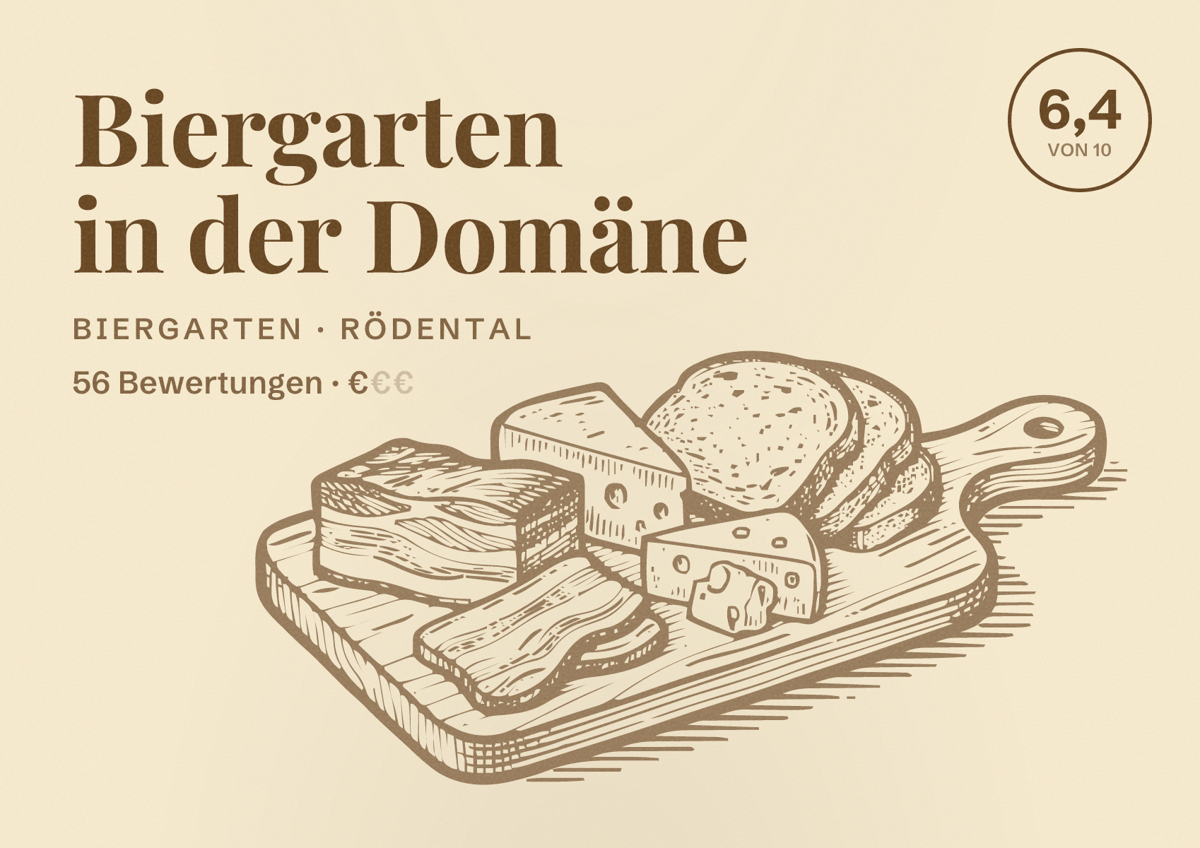 Illustriertes Poster von Biergarten in der Domäne, Biergarten in Rödental: Bewertung 6,4 von 10 aus 56 Bewertungen, Preisniveau €