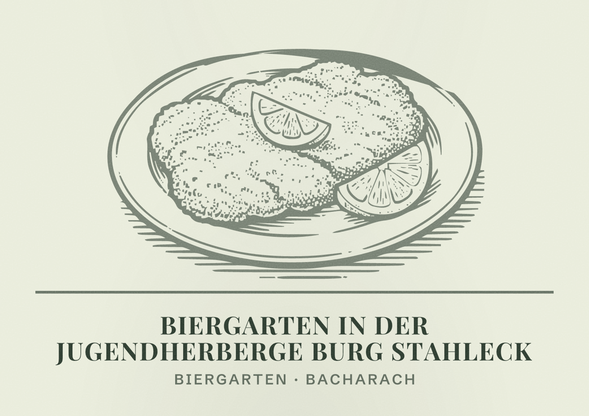 Illustriertes Poster von Biergarten in der Jugendherberge Burg Stahleck, Biergarten in Bacharach