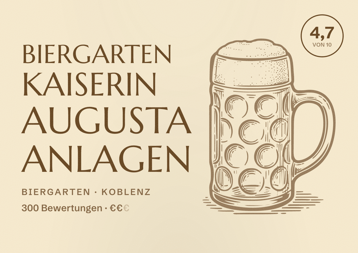 Illustriertes Poster von Biergarten Kaiserin Augusta Anlagen, Biergarten in Koblenz: Bewertung 4,7 von 10 aus 300 Bewertungen, Preisniveau €€
