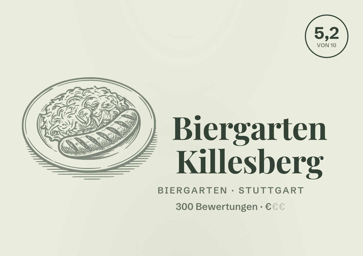 Illustriertes Poster von Biergarten Killesberg, Biergarten in Stuttgart: Bewertung 5,2 von 10 aus 300 Bewertungen, Preisniveau €