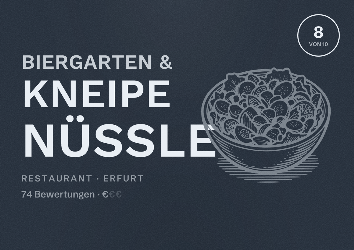Illustriertes Poster von Biergarten & Kneipe Nüßle, Restaurant in Erfurt: Bewertung 8,0 von 10 aus 74 Bewertungen, Preisniveau €