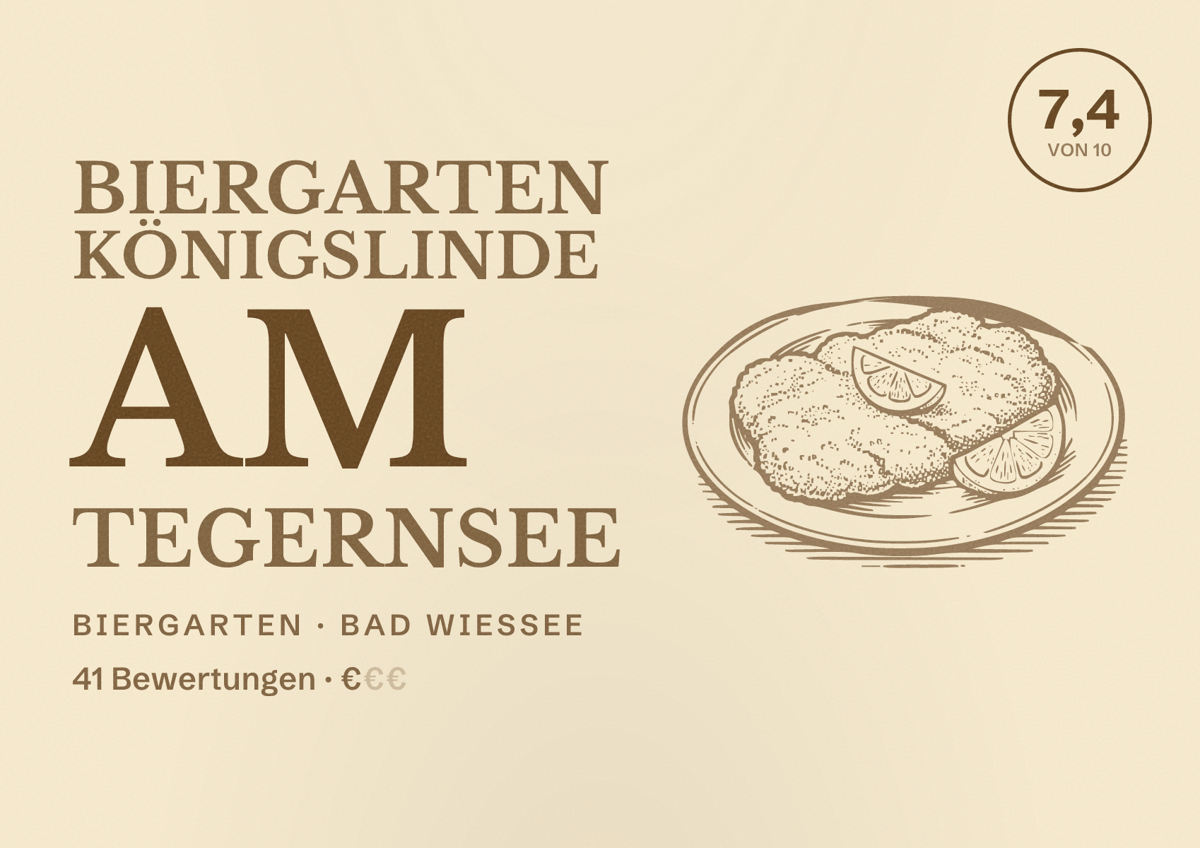 Illustriertes Poster von Biergarten Königslinde am Tegernsee, Biergarten in Bad Wiessee: Bewertung 7,4 von 10 aus 41 Bewertungen, Preisniveau €