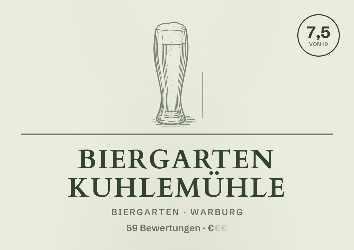 Illustriertes Poster von Biergarten Kuhlemühle, Biergarten in Warburg: Bewertung 7,5 von 10 aus 59 Bewertungen, Preisniveau €
