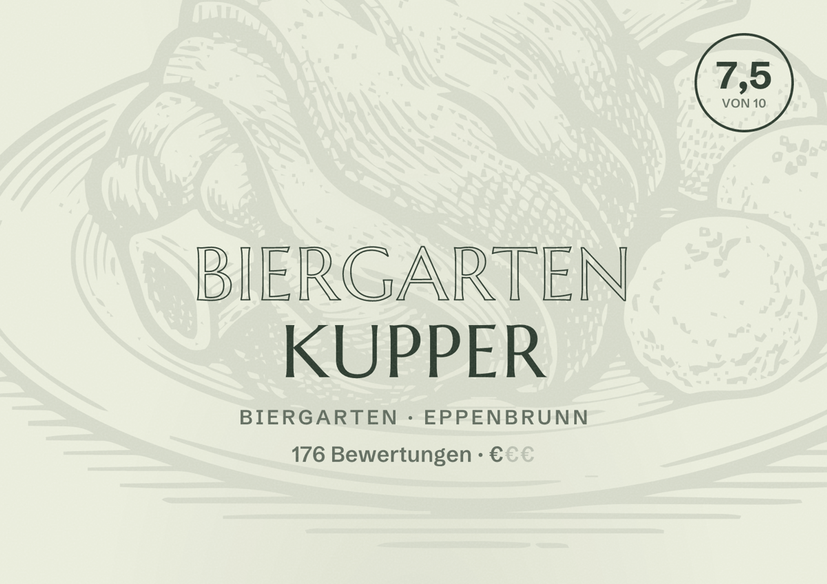 Illustriertes Poster von Biergarten Kupper, Biergarten in Eppenbrunn: Bewertung 7,5 von 10 aus 176 Bewertungen, Preisniveau €