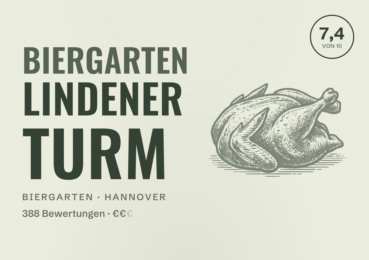 Illustriertes Poster von Biergarten Lindener Turm, Biergarten in Hannover: Bewertung 7,4 von 10 aus 388 Bewertungen, Preisniveau €€