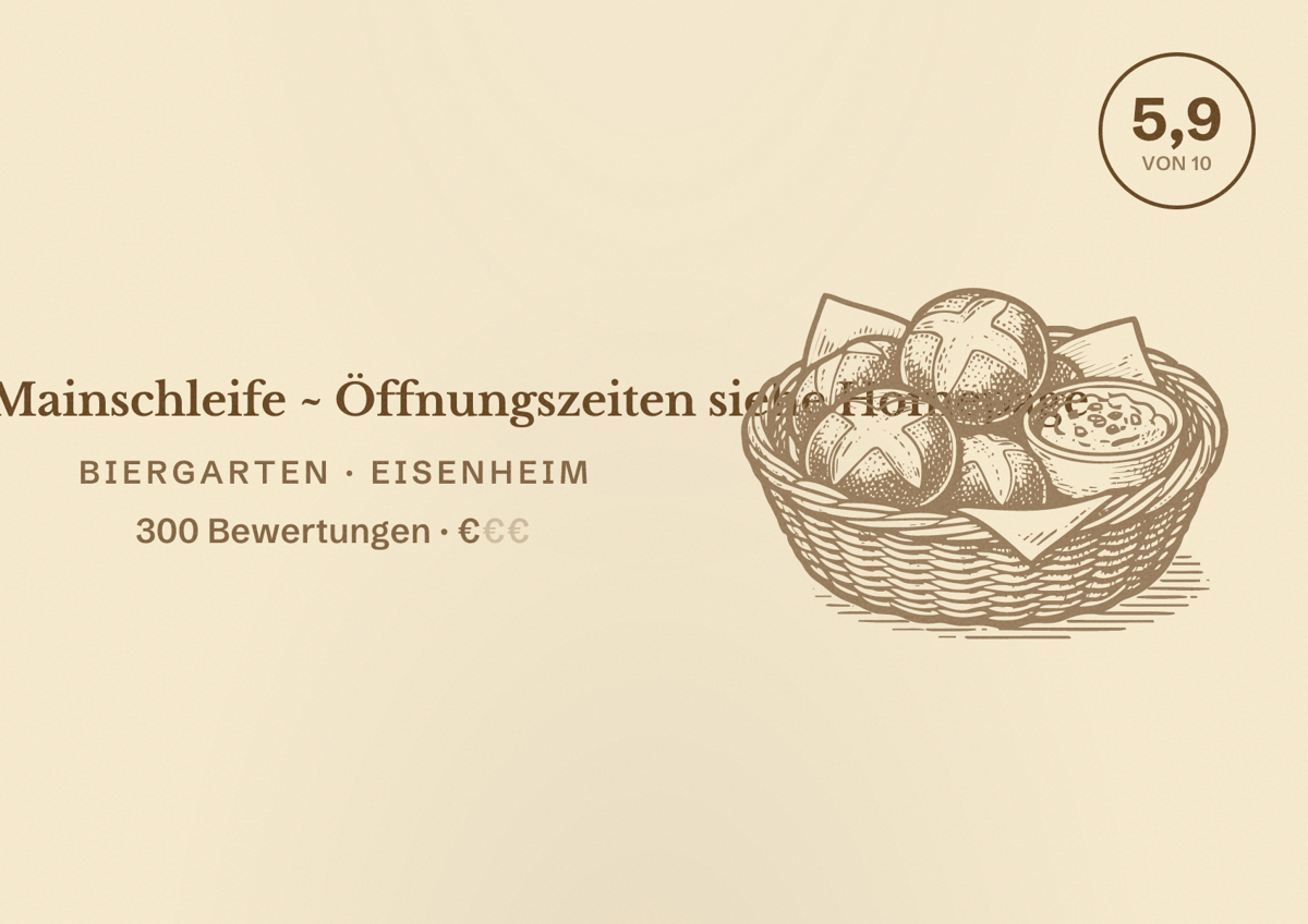 Illustriertes Poster von Biergarten Mainschleife ~ Öffnungszeiten siehe Homepage, Biergarten in Eisenheim: Bewertung 5,9 von 10 aus 300 Bewertungen, Preisniveau €