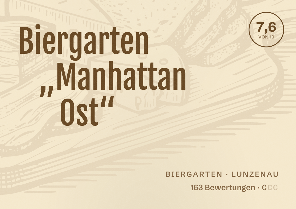 Illustriertes Poster von Biergarten „Manhattan Ost“, Biergarten in Lunzenau: Bewertung 7,6 von 10 aus 163 Bewertungen, Preisniveau €