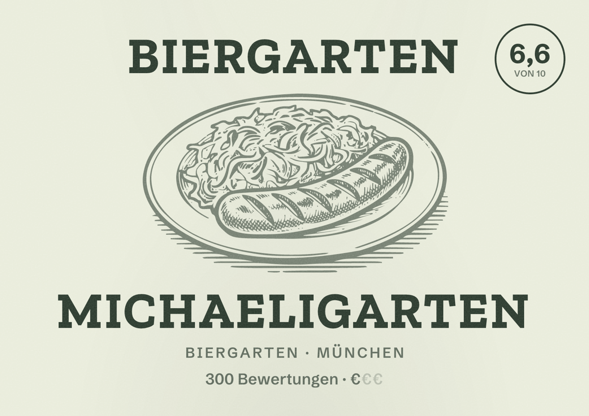 Illustriertes Poster von Biergarten Michaeligarten, Biergarten in München: Bewertung 6,6 von 10 aus 300 Bewertungen, Preisniveau €