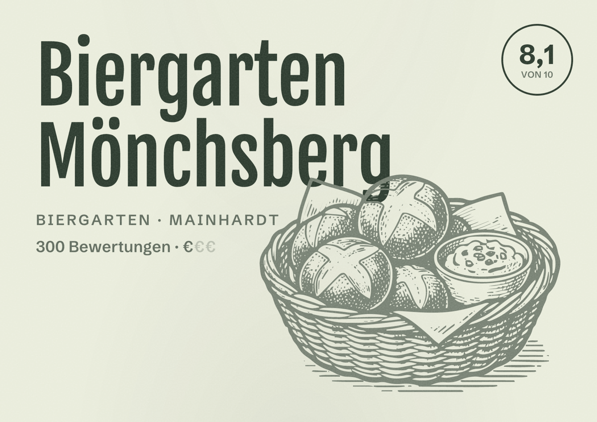 Illustriertes Poster von Biergarten Mönchsberg, Biergarten in Mainhardt: Bewertung 8,1 von 10 aus 300 Bewertungen, Preisniveau €