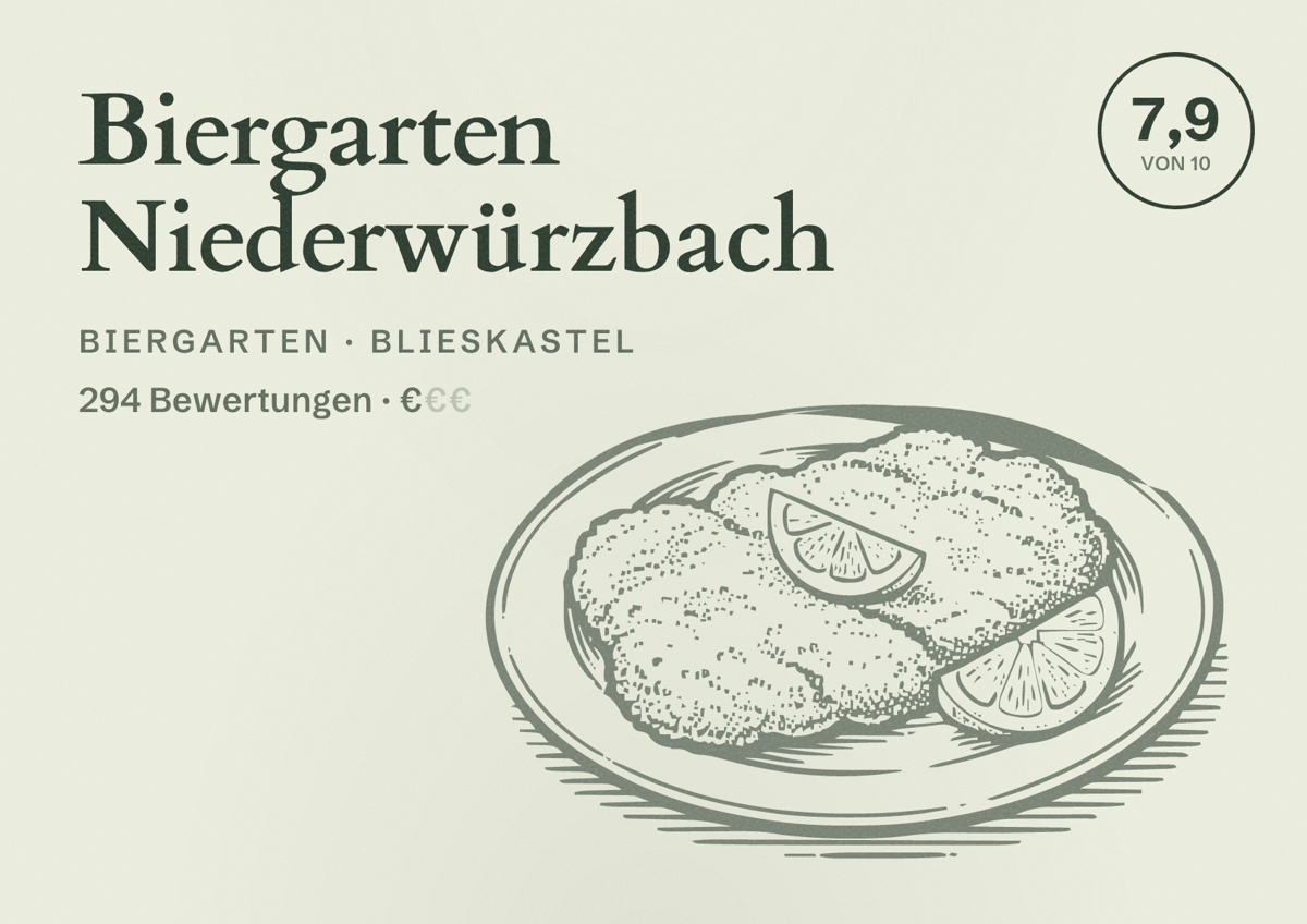 Illustriertes Poster von Biergarten Niederwürzbach, Biergarten in Blieskastel: Bewertung 7,9 von 10 aus 294 Bewertungen, Preisniveau €