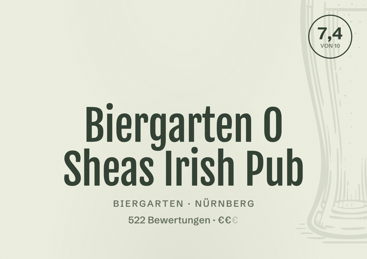 Illustriertes Poster von Biergarten O Sheas Irish Pub, Biergarten in Nürnberg: Bewertung 7,4 von 10 aus 522 Bewertungen, Preisniveau €€