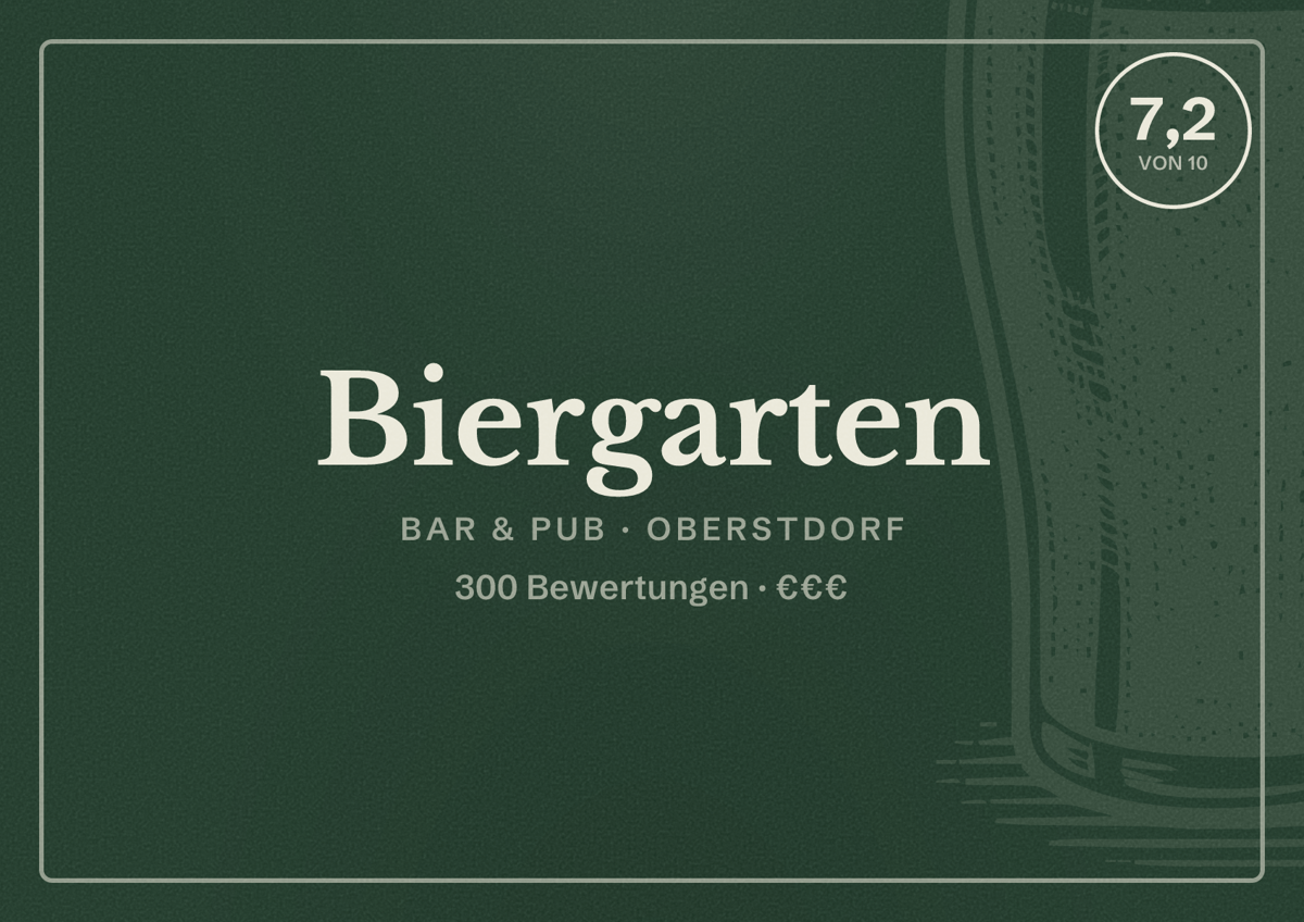 Illustriertes Poster von Biergarten, Bar & Pub in Oberstdorf: Bewertung 7,2 von 10 aus 300 Bewertungen, Preisniveau €€€