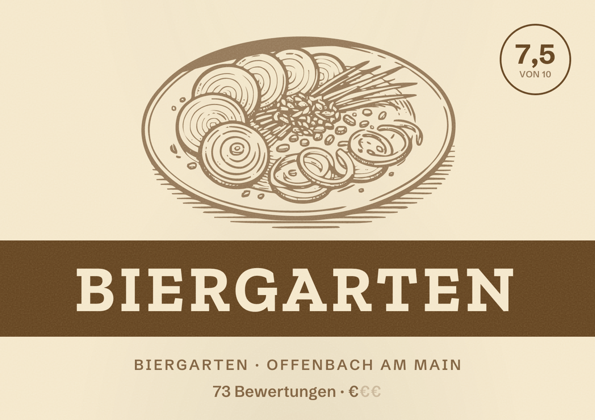 Illustriertes Poster von Biergarten, Biergarten in Offenbach am Main: Bewertung 7,5 von 10 aus 73 Bewertungen, Preisniveau €