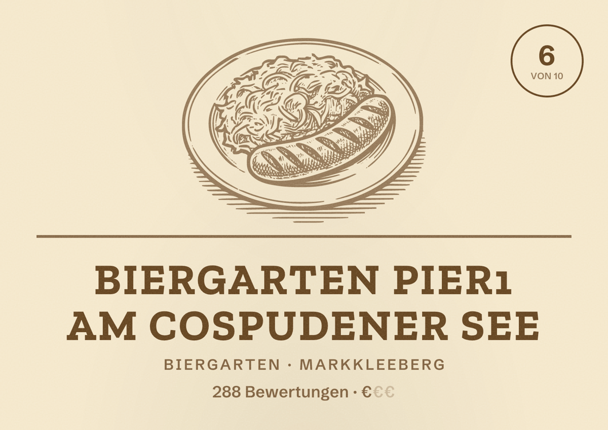 Illustriertes Poster von Biergarten Pier1 am Cospudener See, Biergarten in Markkleeberg: Bewertung 6 von 10 aus 288 Bewertungen, Preisniveau €