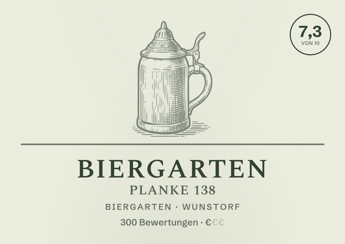 Illustriertes Poster von Biergarten Planke 138, Biergarten in Wunstorf: Bewertung 7,3 von 10 aus 300 Bewertungen, Preisniveau €