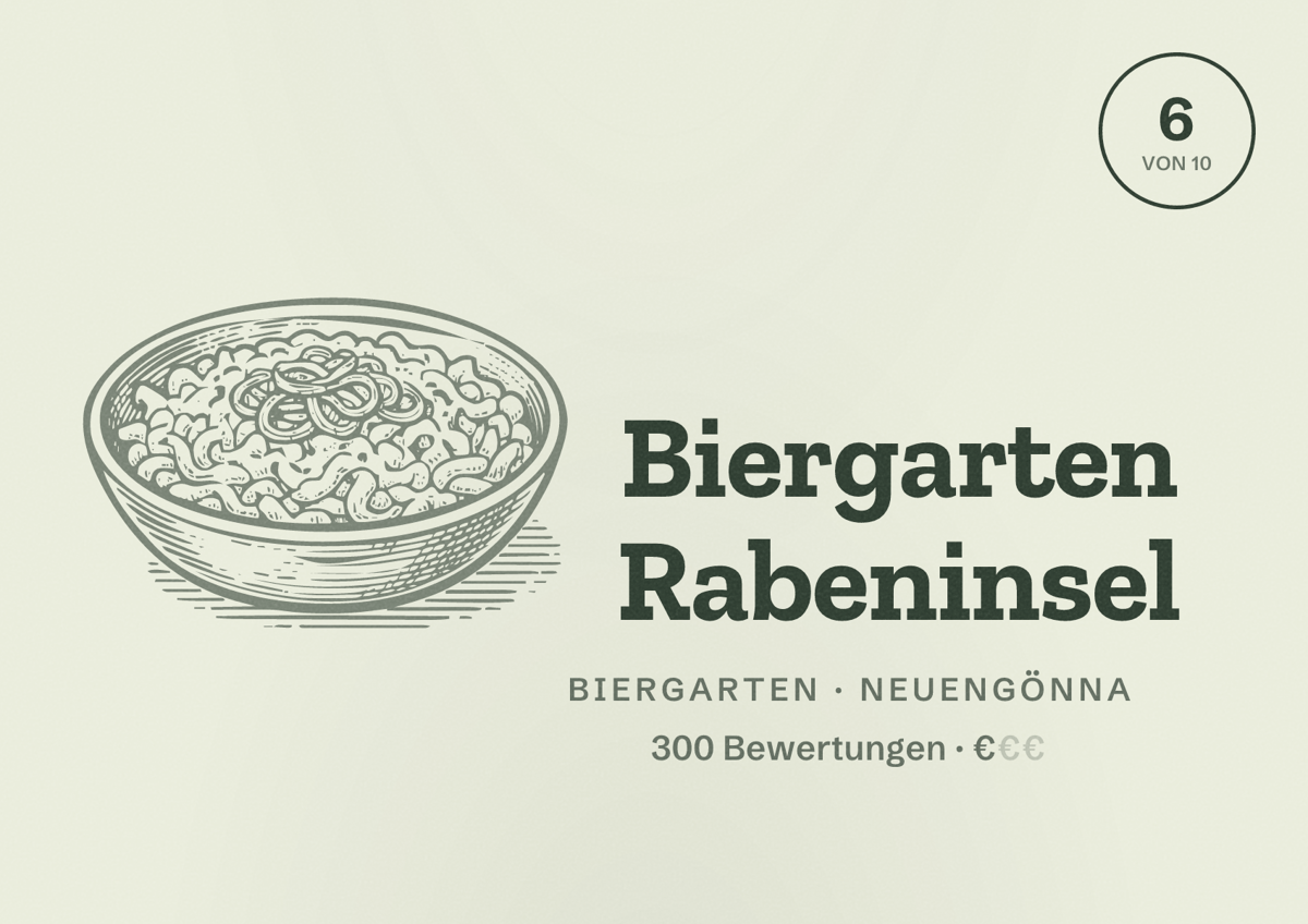 Illustriertes Poster von Biergarten Rabeninsel, Biergarten in Neuengönna: Bewertung 6 von 10 aus 300 Bewertungen, Preisniveau €