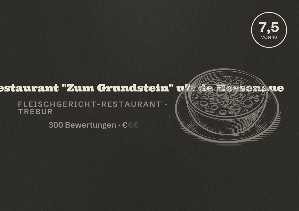 Illustriertes Poster von Biergarten & Restaurant "Zum Grundstein" uff de Hessenaue, Fleischgericht-Restaurant in Trebur: Bewertung 7,5 von 10 aus 300 Bewertungen, Preisniveau €