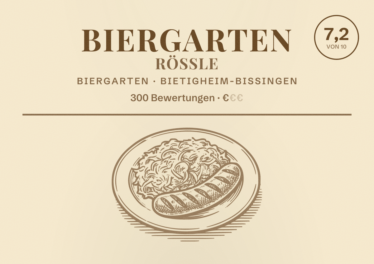 Illustriertes Poster von Biergarten Rössle, Biergarten in Bietigheim-Bissingen: Bewertung 7,2 von 10 aus 300 Bewertungen, Preisniveau €