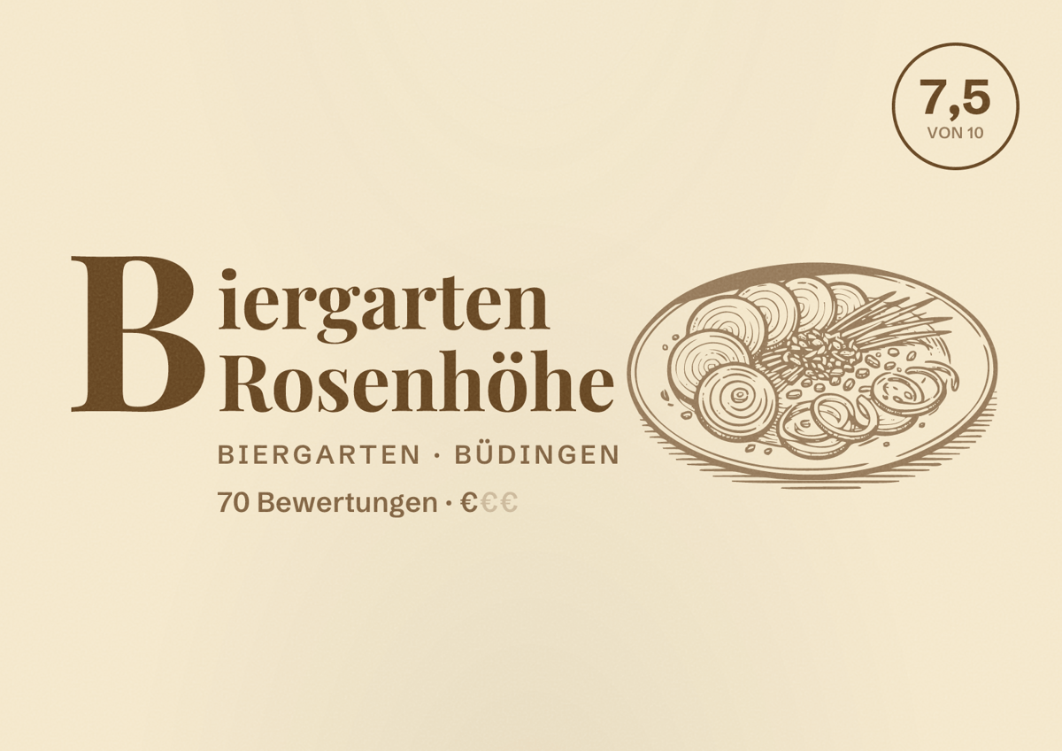 Illustriertes Poster von Biergarten Rosenhöhe, Biergarten in Büdingen: Bewertung 7,5 von 10 aus 70 Bewertungen, Preisniveau €