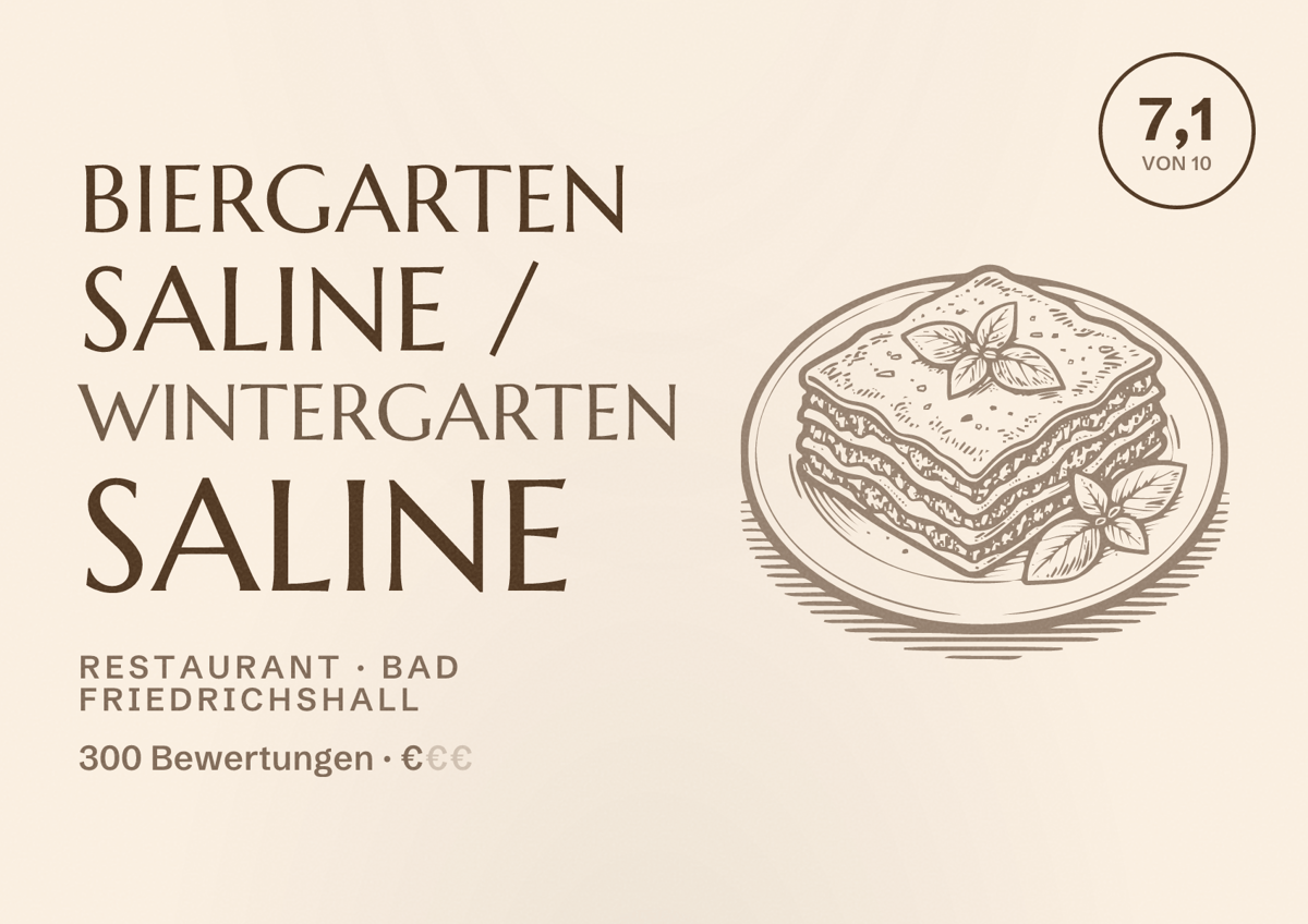 Illustriertes Poster von Biergarten Saline / Wintergarten Saline, Restaurant in Bad Friedrichshall: Bewertung 7,1 von 10 aus 300 Bewertungen, Preisniveau €