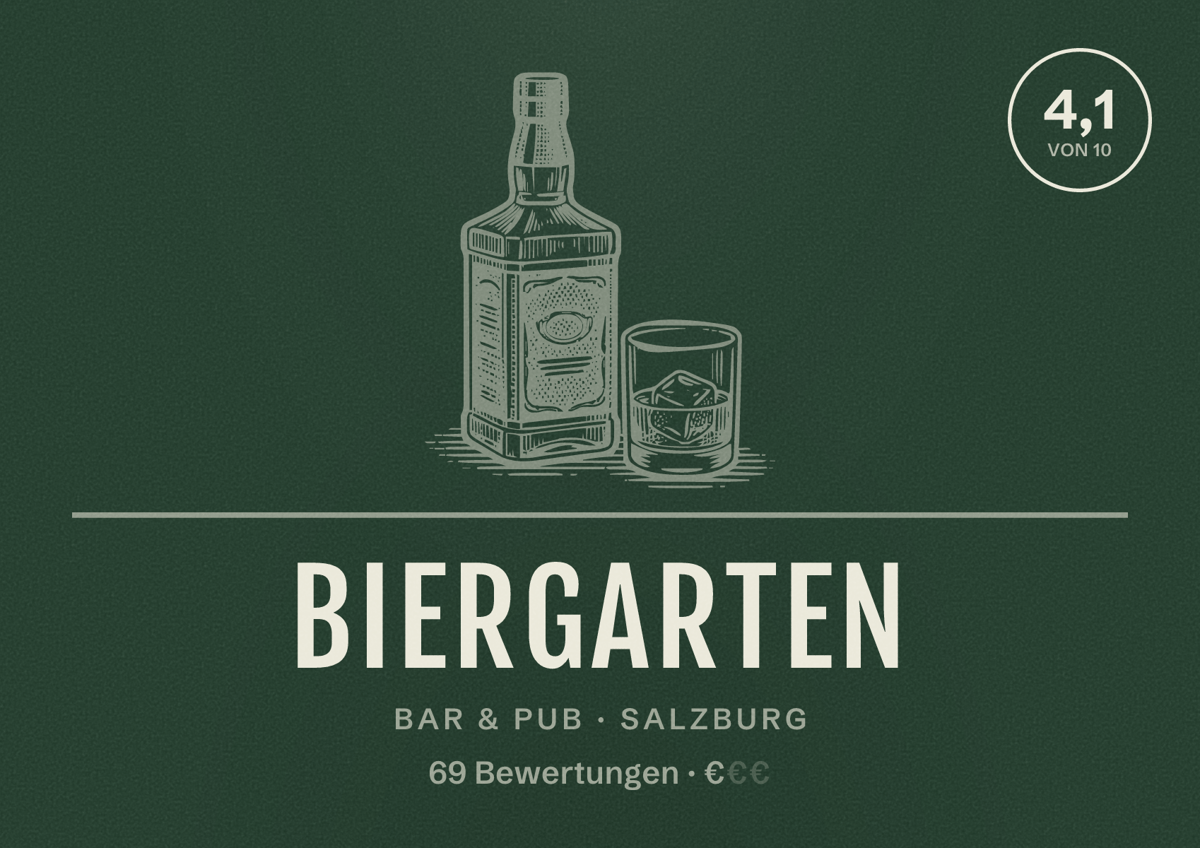 Illustriertes Poster von Biergarten, Bar & Pub in Salzburg: Bewertung 4,1 von 10 aus 69 Bewertungen, Preisniveau €