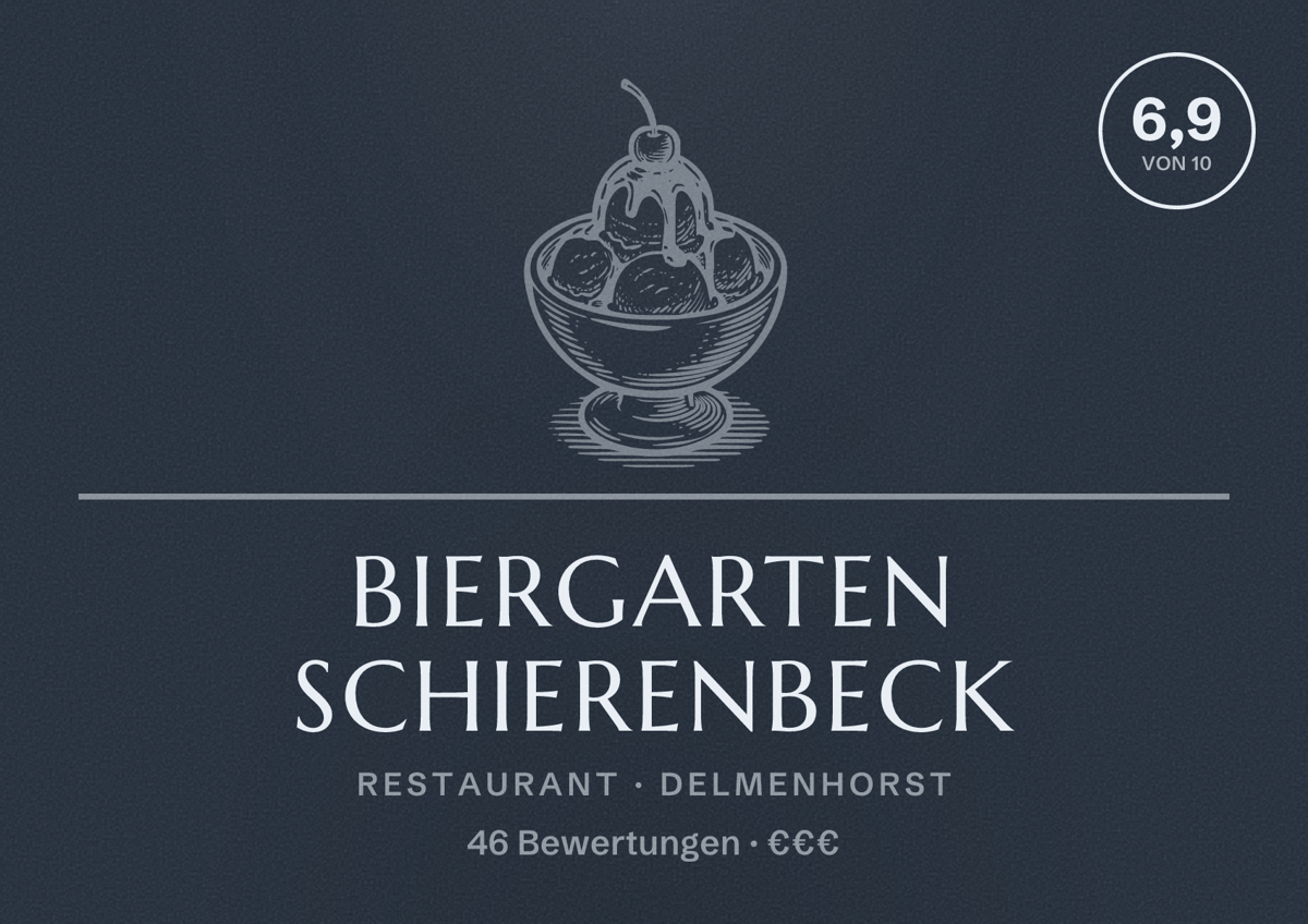 Illustriertes Poster von Biergarten Schierenbeck, Restaurant in Delmenhorst: Bewertung 6,9 von 10 aus 46 Bewertungen, Preisniveau €€€