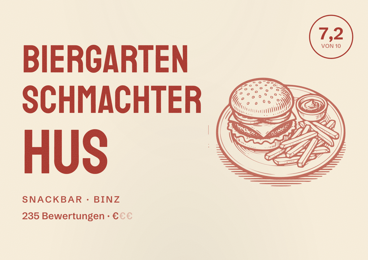 Illustriertes Poster von Biergarten Schmachter Hus, Snackbar in Binz: Bewertung 7,2 von 10 aus 235 Bewertungen, Preisniveau €
