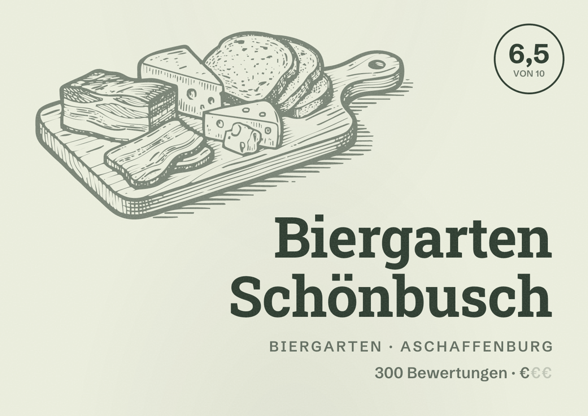 Illustriertes Poster von Biergarten Schönbusch, Biergarten in Aschaffenburg: Bewertung 6,5 von 10 aus 300 Bewertungen, Preisniveau €
