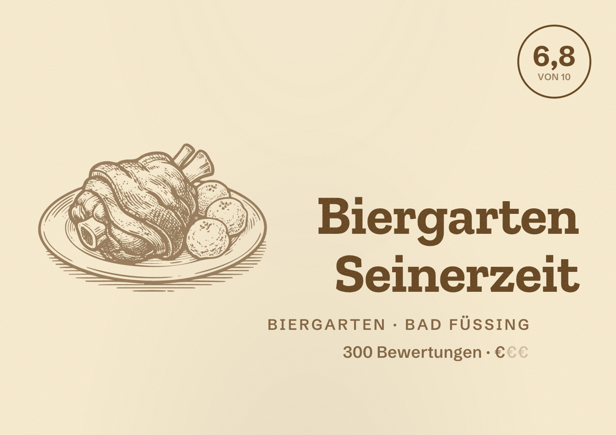 Illustriertes Poster von Biergarten Seinerzeit, Biergarten in Bad Füssing: Bewertung 6,8 von 10 aus 300 Bewertungen, Preisniveau €