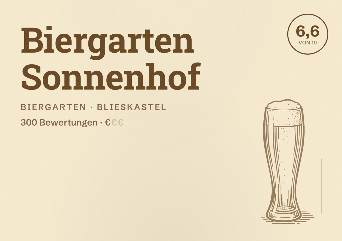 Illustriertes Poster von Biergarten Sonnenhof, Biergarten in Blieskastel: Bewertung 6,6 von 10 aus 300 Bewertungen, Preisniveau €