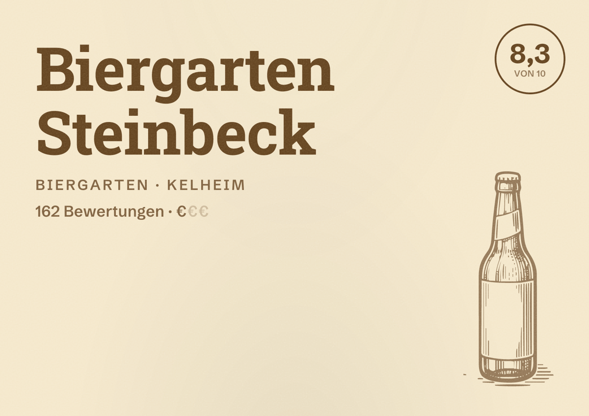 Illustriertes Poster von Biergarten Steinbeck, Biergarten in Kelheim: Bewertung 8,3 von 10 aus 162 Bewertungen, Preisniveau €