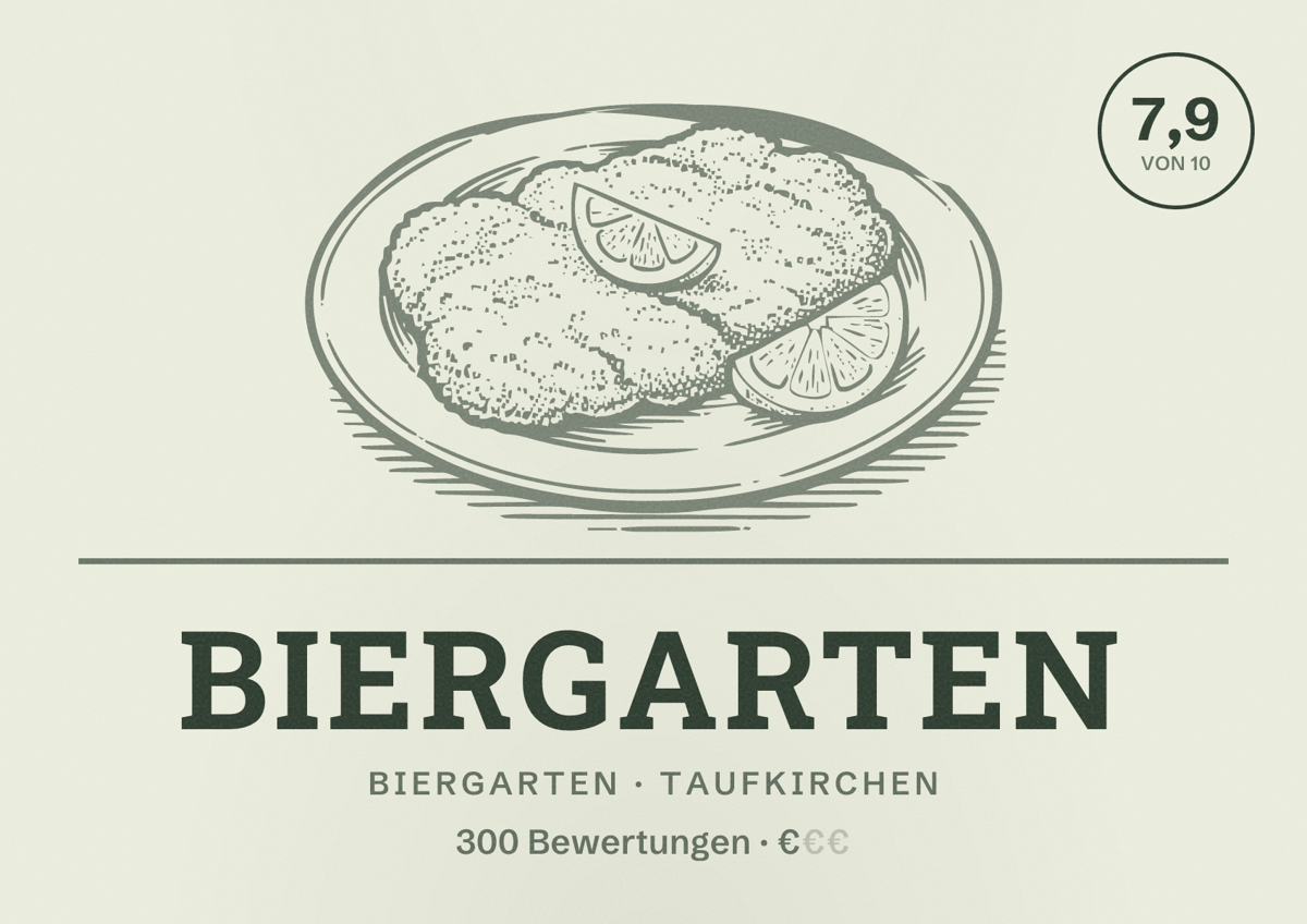 Illustriertes Poster von Biergarten, Biergarten in Taufkirchen: Bewertung 7,9 von 10 aus 300 Bewertungen, Preisniveau €
