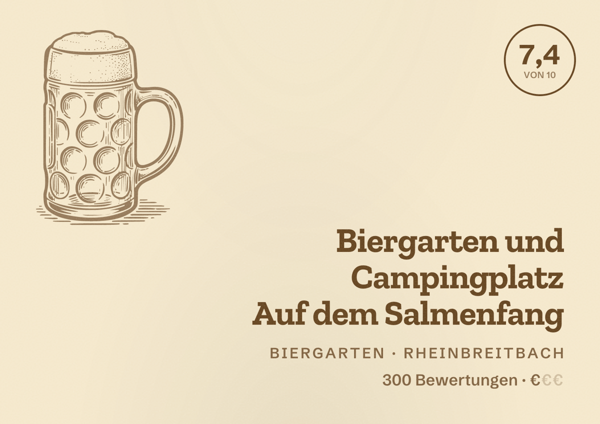 Illustriertes Poster von Biergarten und Campingplatz Auf dem Salmenfang, Biergarten in Rheinbreitbach: Bewertung 7,4 von 10 aus 300 Bewertungen, Preisniveau €