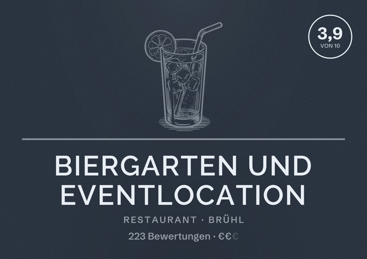 Illustriertes Poster von Biergarten und Eventlocation, Restaurant in Brühl: Bewertung 3,9 von 10 aus 223 Bewertungen, Preisniveau €€