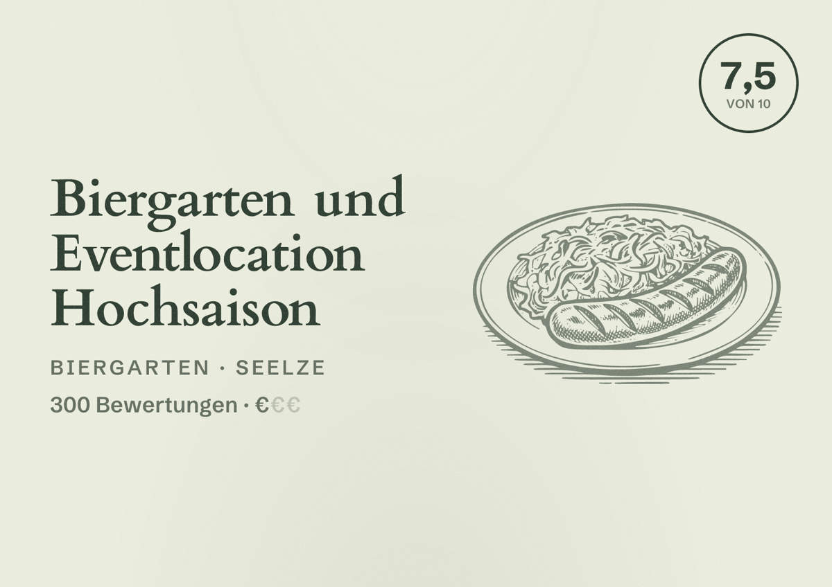 Illustriertes Poster von Biergarten und Eventlocation Hochsaison, Biergarten in Seelze: Bewertung 7,5 von 10 aus 300 Bewertungen, Preisniveau €