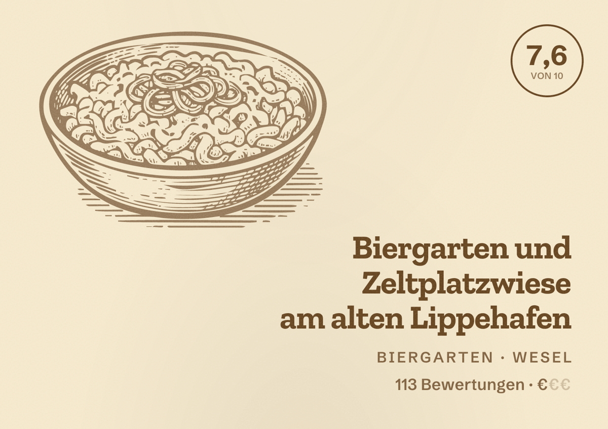 Illustriertes Poster von Biergarten und Zeltplatzwiese am alten Lippehafen, Biergarten in Wesel: Bewertung 7,6 von 10 aus 113 Bewertungen, Preisniveau €