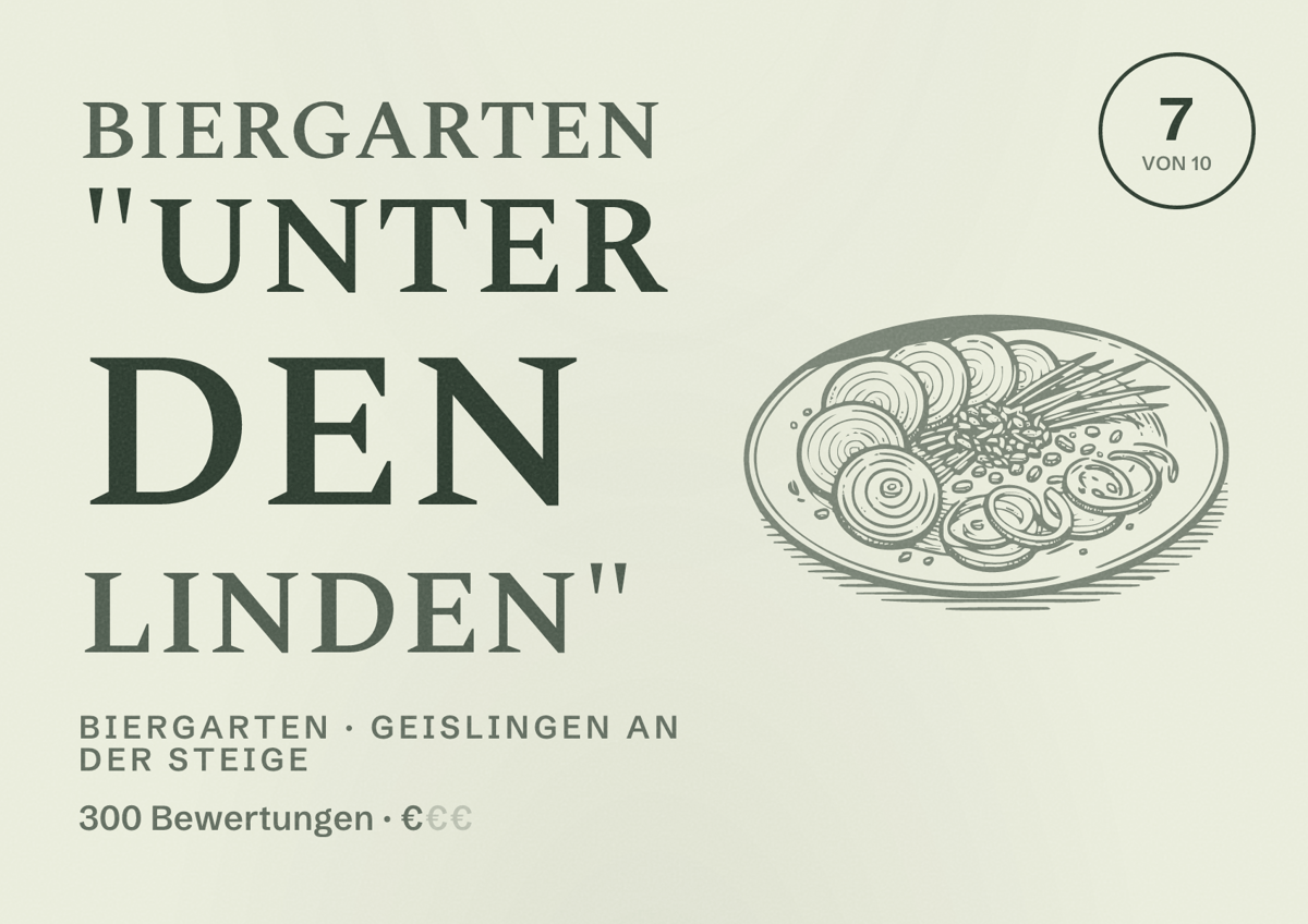 Illustriertes Poster von Biergarten "Unter den Linden", Biergarten in Geislingen an der Steige: Bewertung 7 von 10 aus 300 Bewertungen, Preisniveau €