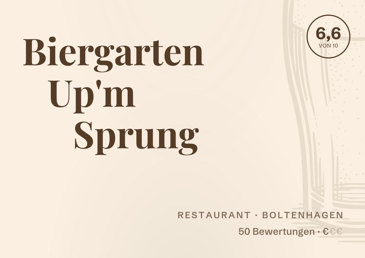 Illustriertes Poster von Biergarten Up'm Sprung, Restaurant in Boltenhagen: Bewertung 6,6 von 10 aus 50 Bewertungen, Preisniveau €